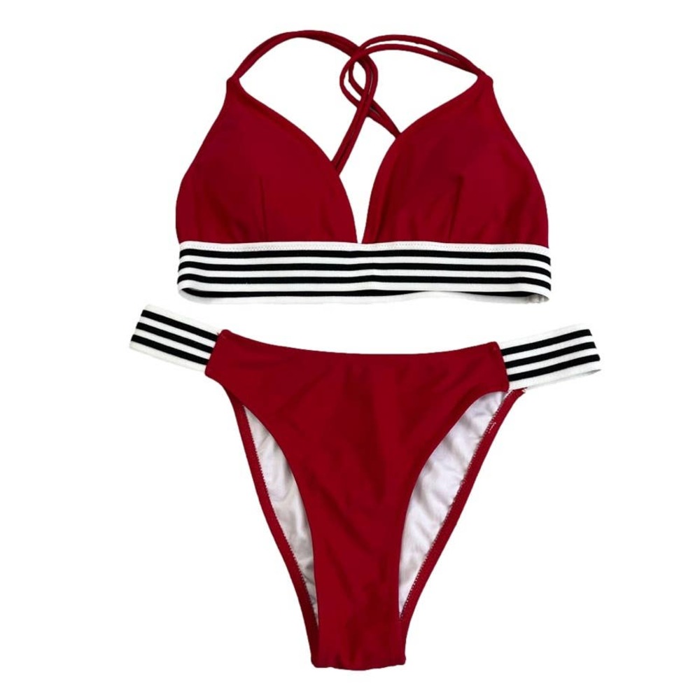 Cupshe 2-Piece Bikini Swimsuit Red w/Black White Stripes High Cut Bottom Medium